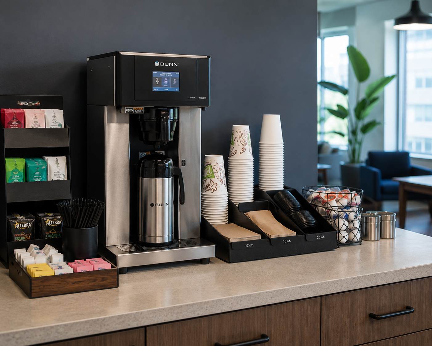 BUNN Axiom Series automatic coffee brewer with airpot in office breakroom